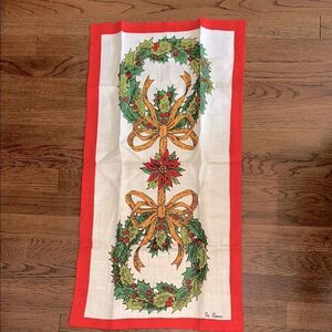 Vintage Christmas Falani & Cohn Linen Wreath & Poinsettia Linen Tea Towel‎